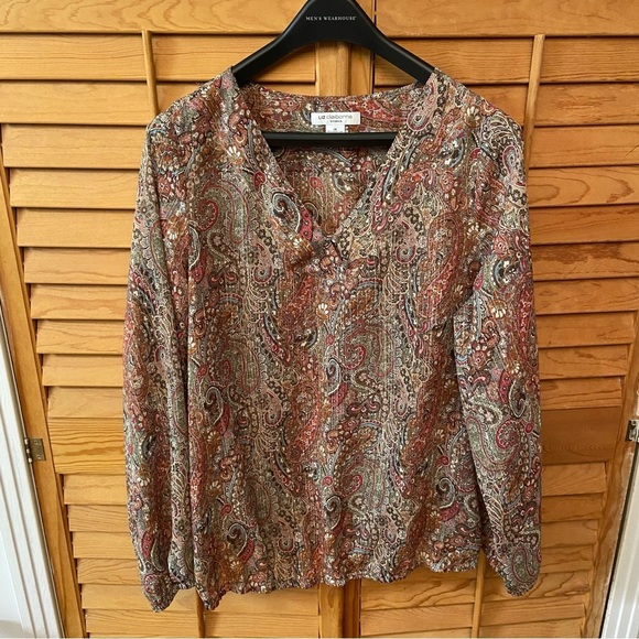 Liz Claiborne Women Sheet Paisley Print Blouse Size 1X Metallic Thread Career - Picture 8 of 8